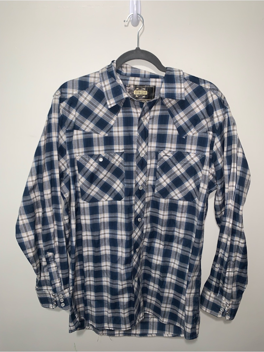 Guide Gear Navy & White Pearl Snap Plaid Button-Down Shirt Casual Western Style
